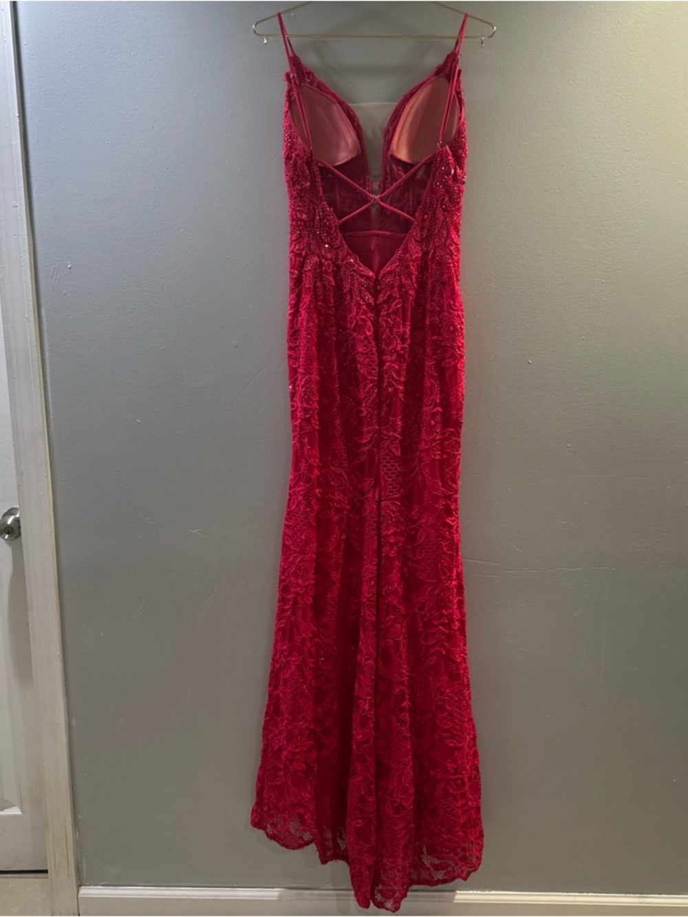 Clarisse Red Lace Beaded Spaghetti Strap Prom Gown - Picture 6 of 7